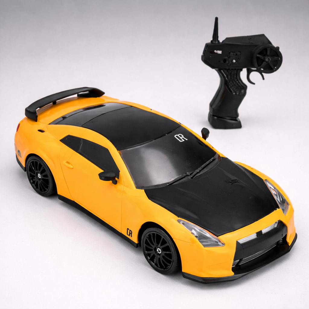 Yellow toy car with black roof and remote control on a white background